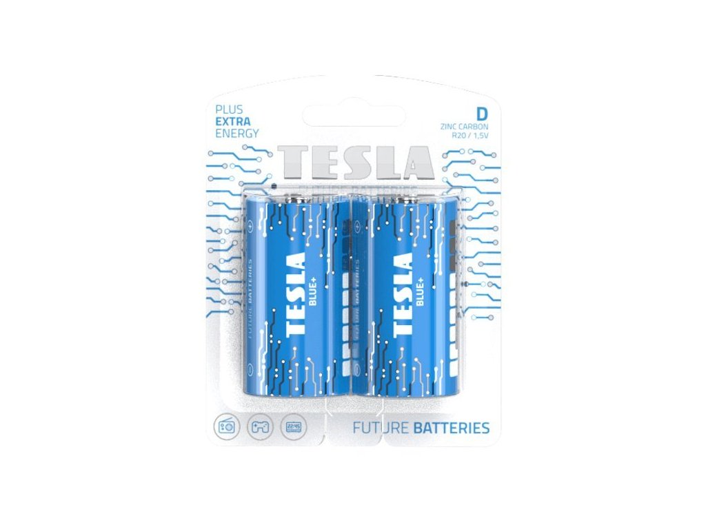 Tesla 1099137204 - BLUE+ Zinc Carbon baterie D (R20, velký monočlánek, blister) 2 ks