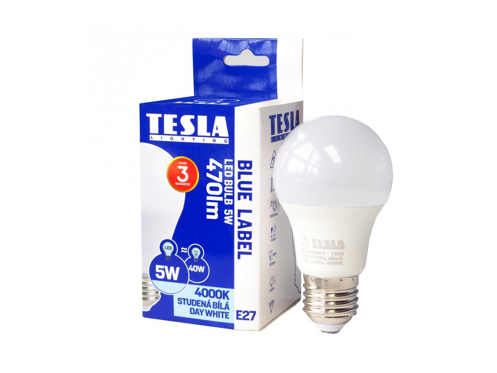 BL2700540-7 Tesla LED žárovka BULB, E27, 5W, 230V, 470lm, 25 000h, 4000K denní bílá, 220°