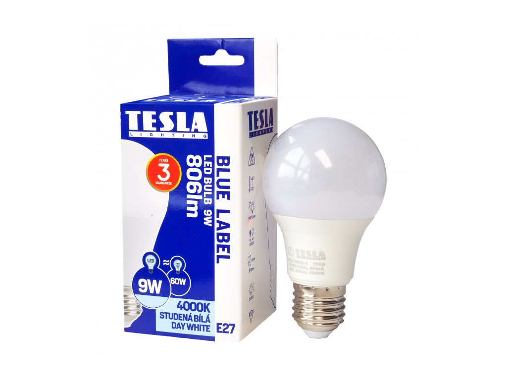 BL270940-4 Tesla LED žárovka BULB, E27, 9W, 230V, 806lm, 25 000h, 4000K denní bílá,  220° náhrada 60W