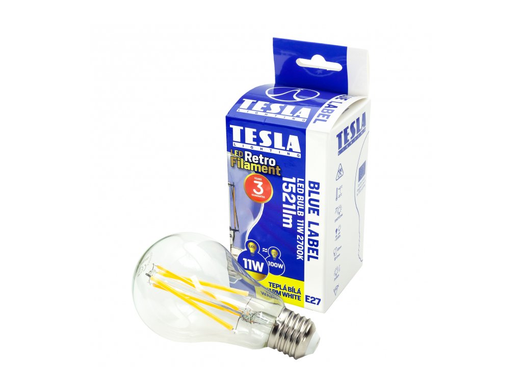 BL271127-3 Tesla LED žárovka FILAMENT RETRO BULB, E27, 11W, 230V, 1521lm, 2700K teplá bílá, 360°,čirá