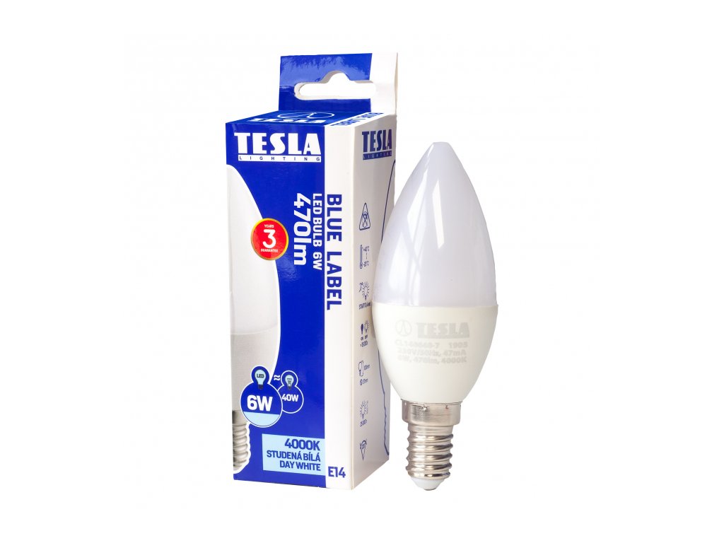 CL140640-7 Tesla LED žárovka svíčka CANDLE E14, 6W, 230V, 470lm, 180°, 25 000h, 4000K denní bílá, náhrada 40W