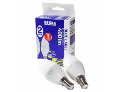 CL140530PACK2 Tesla LED žárovka svíčka CANDLE E14, 5W, 230V, 400lm, 180°, 25 000hod, 3000K teplá bílá 2ks