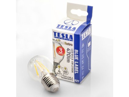 MG270427-3 Tesla LED žárovka FILAMENT RETRO miniglobe, E27, 4W, 230V, 470lm, 2700K teplá bílá, 360°,čirá