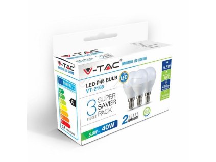 V-TAC VT-2156-7357 LED žárovka E14, miniglobe 5,5W, 230V, 470lm,  2700K teplá bílá, 180° balení 3ks