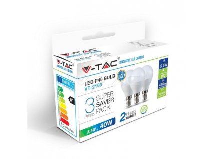 V-TAC VT-2156-7357 LED žárovka E14, miniglobe 5,5W, 230V, 470lm, 2700K teplá bílá, 180° balení 3ks